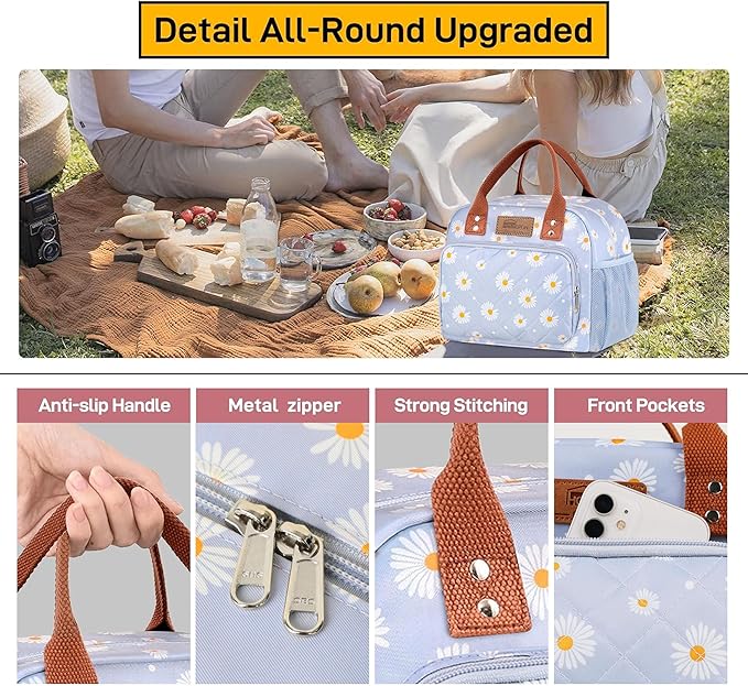 Buringer HOMESPON Lunch Bag for Woman Man Adults with Front Pocket Insulated Lunch Tote Lunch Box Container for Work Picnic or Travel（Blue Daisy）