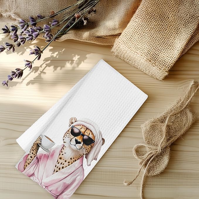 Trendy Coffee Leopard Bathroom Hand Towels, Funky Sunglasses Bathrobe Cheetah Decorative Hand Towels for Bathroom Washroom, 16x24 Inch