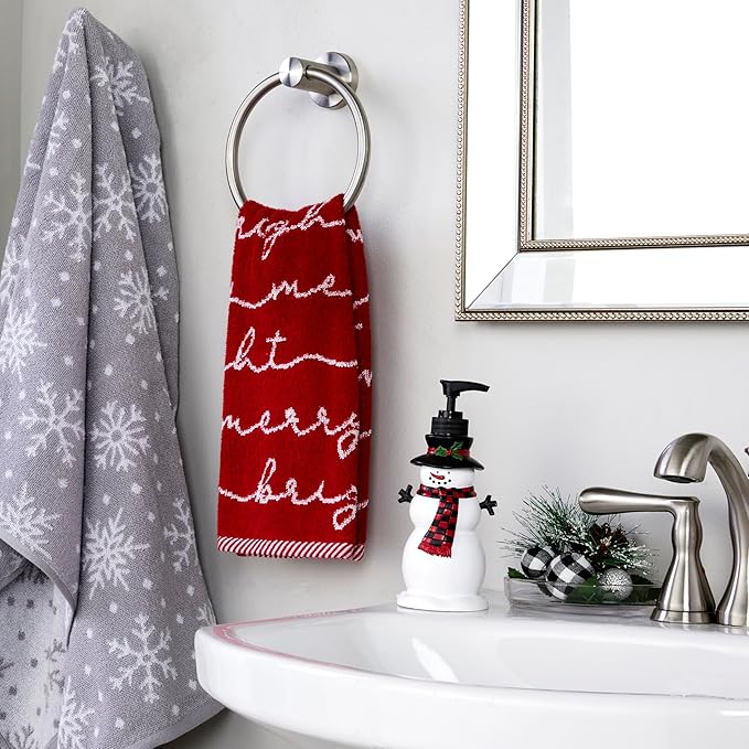 SKL Home Christmas/Winter Merry & Bright Hand Towel 2pc Set for Bath/Kitchen/Bar & Gift, Red