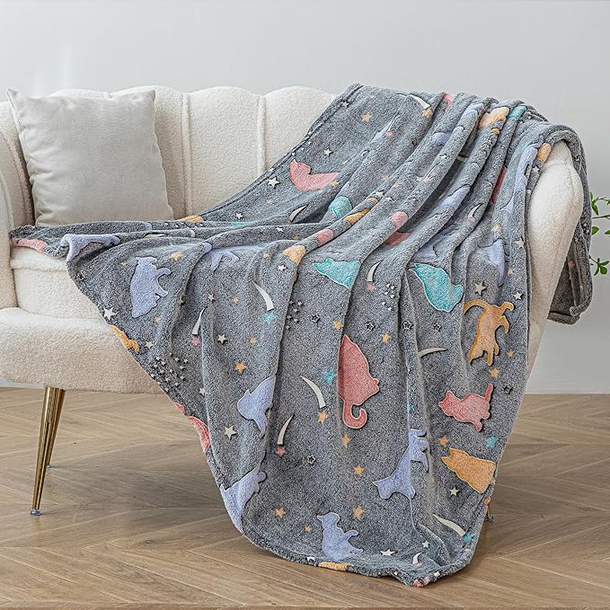 Glow in The Dark Cute Cat Throw Blanket- Soft Throw Kids Blanket for Girls Boys, Camping/Travel Blanket, Gifts for Children, Day Care Home Office Use