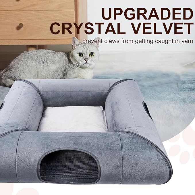 Hilltown Cat Tunnel Bed for Indoor Cats,Metal-Free Design,Scratch-Resistant Multi-Functional Cave,4 Safe Windows,Keeps Cats Safe and Entertained-Large