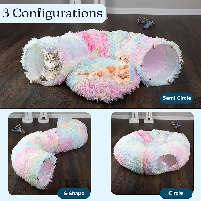 Cat Tunnel with Cat Bed for Indoor Cats - 3FT Multifunctional Cat Tunnel Bed with Cat Toys - Soft, Plush Peekaboo Cat Cave for Kittens, Cats, Ferrets, and Rabbits - Cat Products by PETMAKER (Multi)