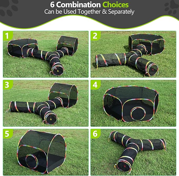 Outdoor Cat Enclosures Playground with Cat Toy Balls, Portable Cat Playpen Enclosed for Indoor Cats Includes 3 Way Cat Tunnel+Cat Tent+Pet Playhouse, Cat Outdoor Enclosure for Small Animals