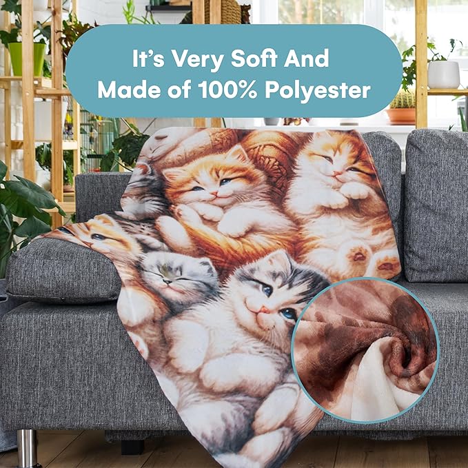 Dawhud Direct Fleece Throw Blanket - Adorable Kitten, Soft and Warm Kitten Blanket - Ideal Cat Themed Throw Blanket for Cat Lovers - Cozy Fleece Blanket for Couch, Home or Travel - 60 x 50 inches