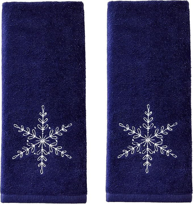 SKL Home Christmas Simple Snowflake Hand Towel 2pc Set for Bath/Kitchen/Bar & Gift, Navy