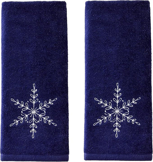 SKL Home Christmas Simple Snowflake Hand Towel 2pc Set for Bath/Kitchen/Bar & Gift, Navy