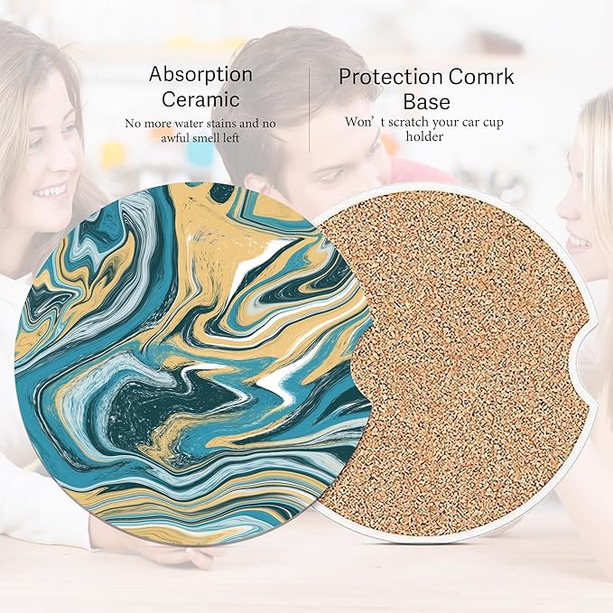 Blue Marble Car Cup Holder Coasters, 2 Pack Cup Coasters Car Accessories Interior Aesthetic for Men Women, Absorbent Ceramic Coaster with Cork Back, Retro Car Decoration Gifts