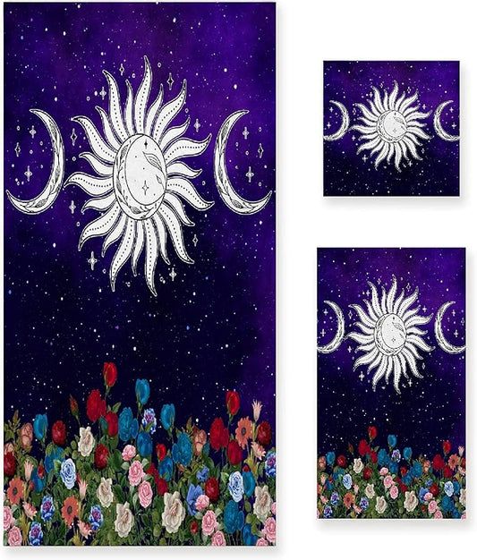 Sun with Star 3 Piece Towel Bathroom Sets, 1 Bath Towel, 1 Washcloth, 1 Hand Towel, Cotton Fast Dry Soft Absorbent Towel Set for Home Kitchen Family