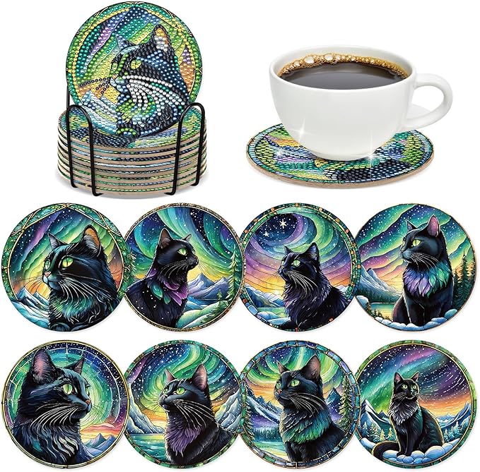 Black Cat Diamond Art Coasters - 8 Pcs DIY Colorful Glass Diamond Painting Coasters Kits with Non Slip Pads Home Table Decor Art Craft Supplies Birthday Gift for Adult Beginners Cat Lover