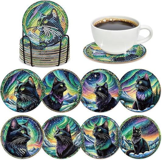 Black Cat Diamond Art Coasters - 8 Pcs DIY Colorful Glass Diamond Painting Coasters Kits with Non Slip Pads Home Table Decor Art Craft Supplies Birthday Gift for Adult Beginners Cat Lover