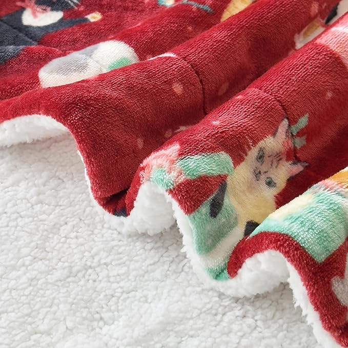 Elegant Comfort Reversible and Ultra-Plush Flannel Fleece-Winter Christmas Sherpa Throw- Lightweight Soft and Cozy-Holiday Decorative Throw, Perfect for Lounging, 50 x 60 inches, Cats in Holiday