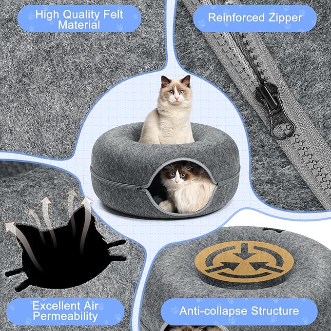 Cat Tunnel Bed, FULUWT Cat Tunnel with Ventilated Window for Indoor Cats, Cat Cave for Hideaway, Anti-Collapse Felt Donut Tunnel for Small Pets. (20 Inch, Dark Grey)