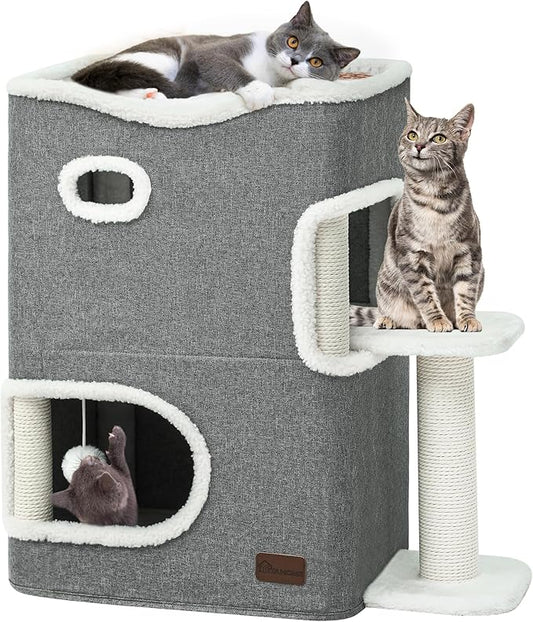 YITAHOME 2-Tier Cat House, Indoor Cat Cave Bed Playhouse, Flannel & Cool Mat, Covered Cat Beds with Scratch Pad and Hideaway Cave, Cute Modern Cat Condo Furniture for Multi Small Cats, Grey