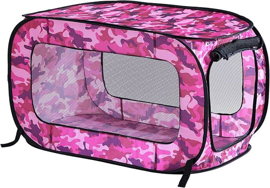 Beatrice Home Fashions Portable, Collapsible, Pop Up Kennel Travel Cat and Dog Crate, 24" L x 16.6" W x 16" H, Camo Pink