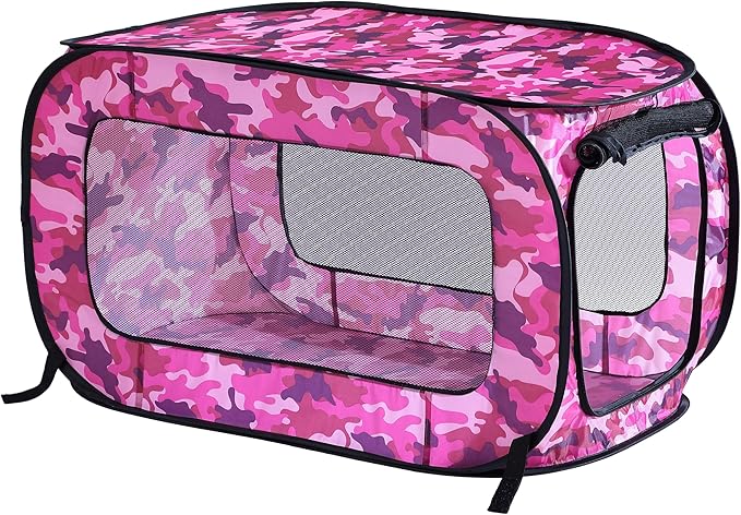 Beatrice Home Fashions Portable, Collapsible, Pop Up Kennel Travel Cat and Dog Crate, 32.5" L x 19.5" W x 19.5" H, Camo Pink