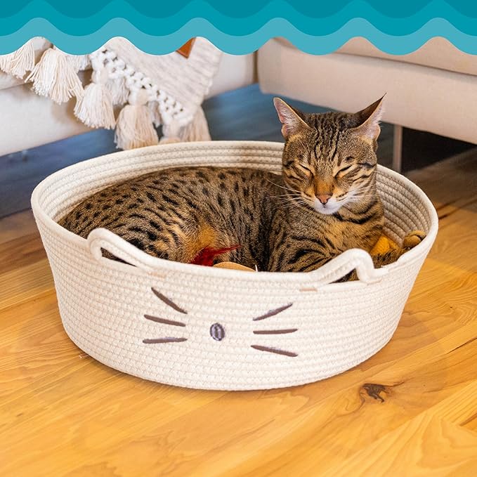 Catstages Bed & Basket Retreat 2-in-1 Cat Bed with Removable Cushion, Plush, Cotton Rope, White