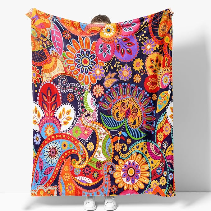 Boho Floral Blanket Gifts for Women Mom Girls Wife Birthday Christmas Valentine Present Bohemian Colorful Flower Theme Rustic Decor Bedroom Living Room Couch Sofa Kids Adult Soft Flannel Throw 60"x50"