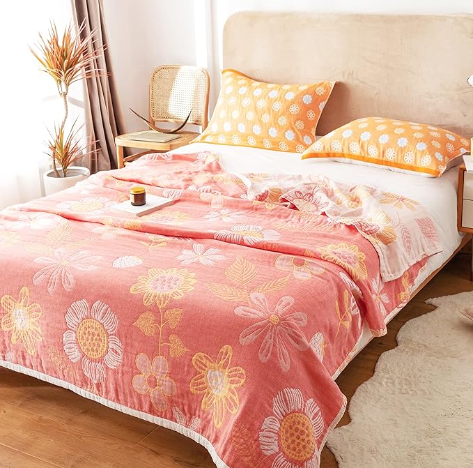 MEJU Floral Pink Cute All Season Muslin Blanket Throw for Bed Sofa Couch,100% Combed Cotton 4 Layer Soft Warm Quilt Throw Blanket Bed Coverlet Flower Twin 60" X 80"