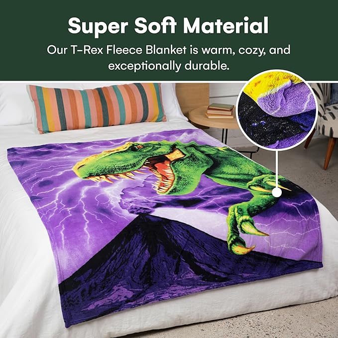 Dawhud Direct Dinosaur Blanket - T-Rex Fleece Throw for Kids and Adults, Plush Polyester, Vibrant Prehistoric Design, Cozy for Bedtime, Couch Cuddling, and Room Decor - Easy to Maintain - 50" x 60"
