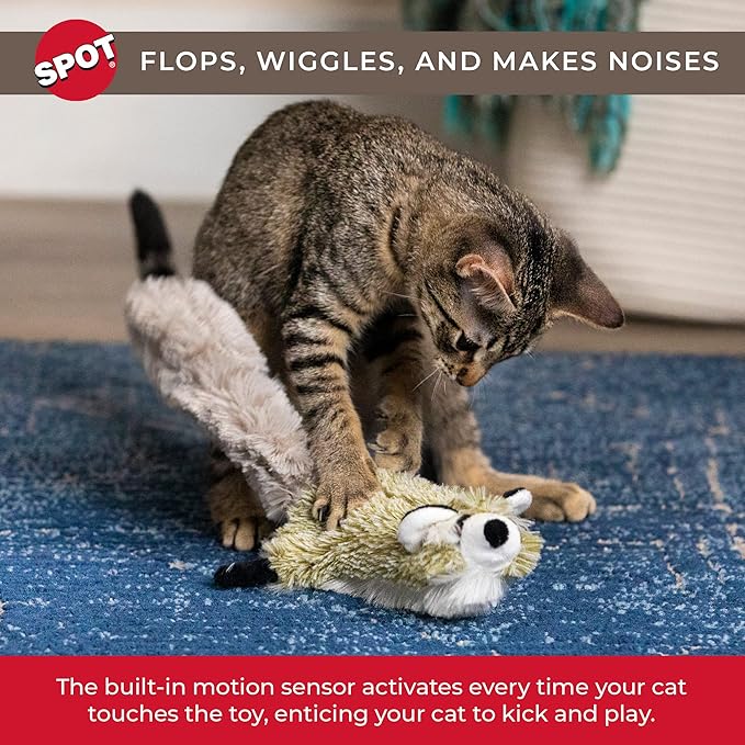 SPOT Flippin’ Skinneeez Raccoon Cat Toy with Catnip – Realistic Flopping Design, Touch-Activated Movement and Sounds, USB Rechargeable, Perfect for Indoor Cats, 15-Inch