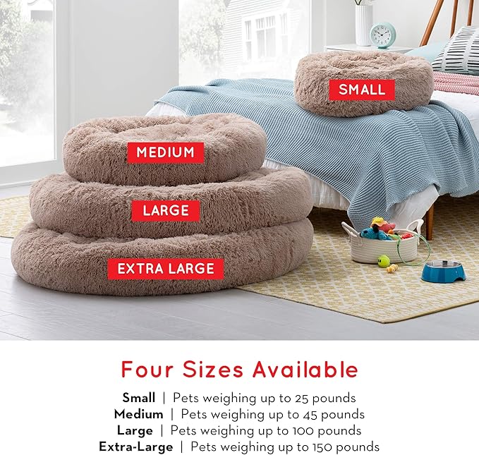 Brindle Donut Cuddler Pet Bed - Calming Anti-Anxiety Dog and Cat Bed - Plush Cozy and Washable Bed - Ergonomic Support, Large, Taupe