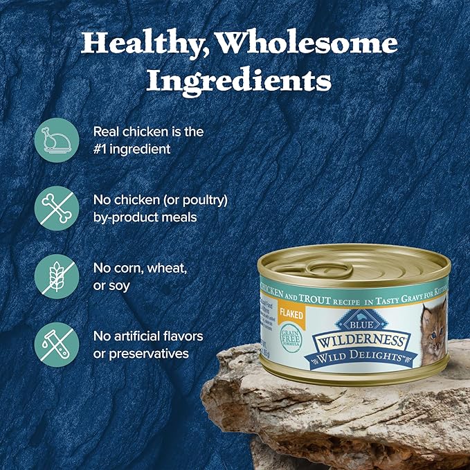 Blue Buffalo Wilderness Wild Delights Natural Wet Food for Kittens, Flaked Chicken & Trout in Tasty Gravy, 3-oz. Cans, 24-pack