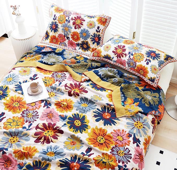 MEJU Boho Reversible Rustic Farmhouse Colourful Flower Bloom Daisy Blanket Twin for Bed Sofa Couch, 100% Combed Cotton 4 Layer Soft Warm Floral Throw Blanket Bed Coverlet Sheet F/Q 80 in x 90 in
