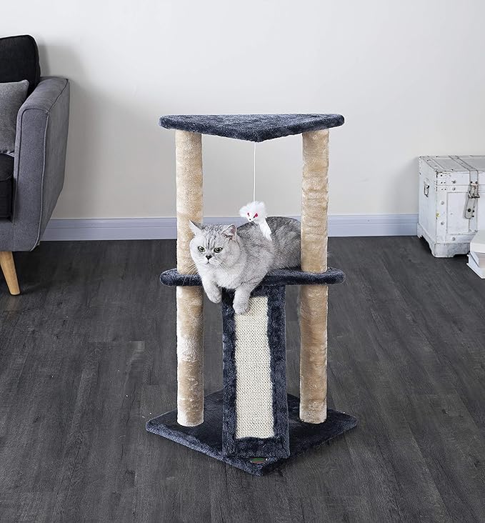 Go Pet Club Everyday Value 35in Corner Cat Tree Kitty Scratcher Tower Kitten Condo House Furniture with Scratching Board & Hanging Toys for Indoor Cats, Gray/Beige