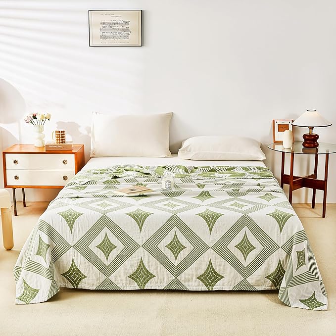 MEJU Diamond Green Modern Checks Fashion Stripe Muslin Blanket for Bed Sofa Couch 100% Cotton 3 Layer Soft Warm Reversible Bedspread Throw Blanket Bed Coverlet Sheet Twin 60 in x 80 in