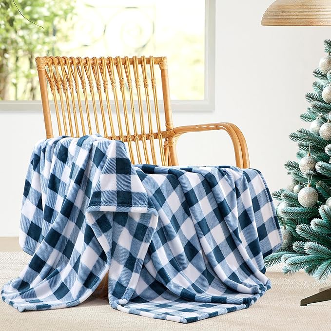 Elegant Comfort Velvet Touch Ultra Plush Christmas Holiday Buffalo Plaid Fleece Throw/Blanket-50 x 60inch, Buffalo Navy