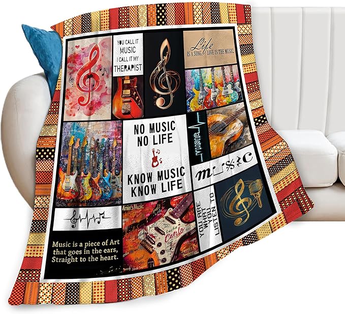Retro Guitar Blanket for Woman Musical Instrument Guitar Throw Blanket Music Notes Decor Stuff Merch Cozy Fuzzy Warm Soft Plush Flannel Lightweight Bedding Guitar Gifts for Girls Kids Couchs 50"X40"