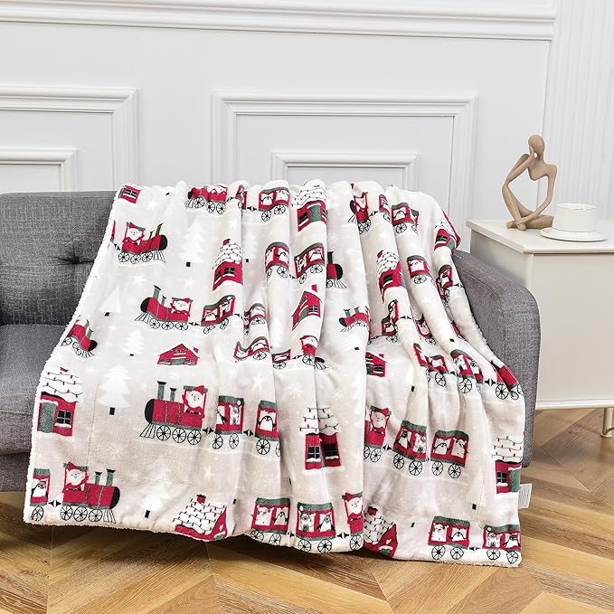 Elegant Comfort Reversible and Ultra-Plush Flannel Fleece-Winter Christmas Sherpa Throw- Lightweight Soft and Cozy-Holiday Decorative Throw, Perfect for Lounging, 50 x 60 inches, Santa Train