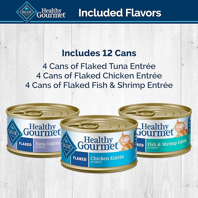 Blue Buffalo Healthy Gourmet Natural Adult Flaked Wet Cat Food Variety Pack Tuna, Chicken, Fish & Shrimp 3-Oz Cans (12 Count- 4 of Each Flavor)