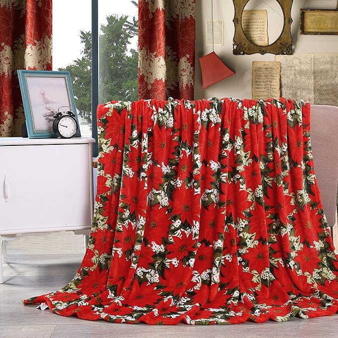 Elegant Comfort Velvet Touch Ultra Plush Christmas Holiday Printed Fleece Throw/Blanket-50 x 60inch, (Poinsettia), 50 x 60 inch