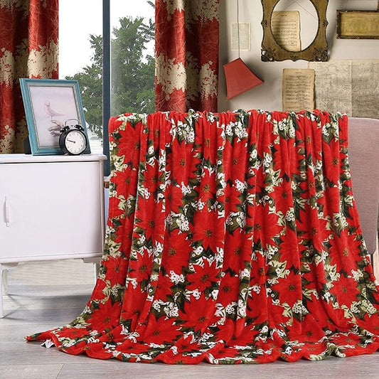 Elegant Comfort Velvet Touch Ultra Plush Christmas Holiday Printed Fleece Throw/Blanket-50 x 60inch, (Poinsettia), 50 x 60 inch