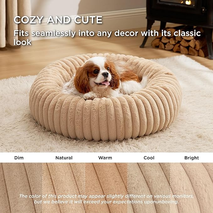Bedsure Donut Medium Dog Bed - Washable Faux Fur Dog Bed Medium Size Dog with Corduroy Fleece & Anti Slip Bottom, Round Pet Beds with Removable Cover, Sandy Tan, 30x30x8 inches
