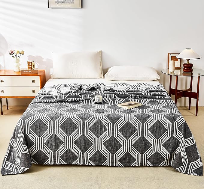 MEJU Black Modern Checks Fashion Stripe All Season Blanket Decorative for Bed Sofa Couch 100% Cotton 3 Layer Soft Warm Reversible Bedspread Throw Blanket Bed Coverlet Sheet Black F/Q 80 in x 90 in