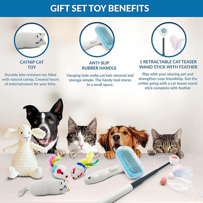 Cat Toys Welcome Blue Gift Set of 8 - Box, Catnip Kitten Toys, Cat Chew Toy, Interactive Feather and String Teaser Wand, Yarn Ball, Squeaky Toy, Cat Hair Brush and Blanket