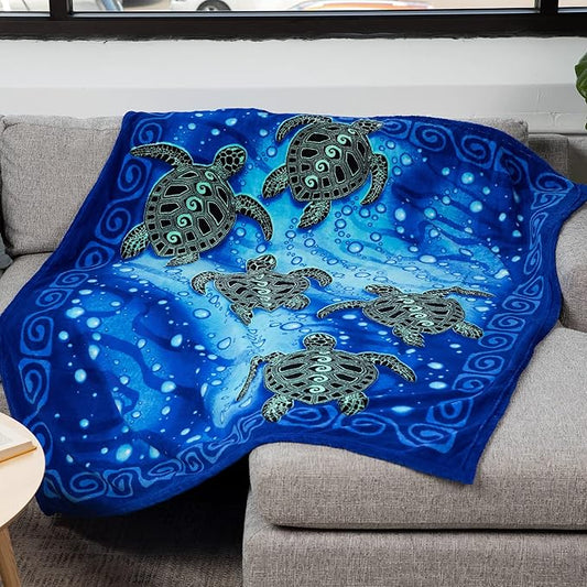 Dawhud Direct Sea Turtle Fleece Blanket - 50 x 60 Inch Soft Plush Throw for Bed Couch or Travel - Ocean-Themed Blanket and Sea Turtle Gifts for Women and Kids - Blue Tribal Design