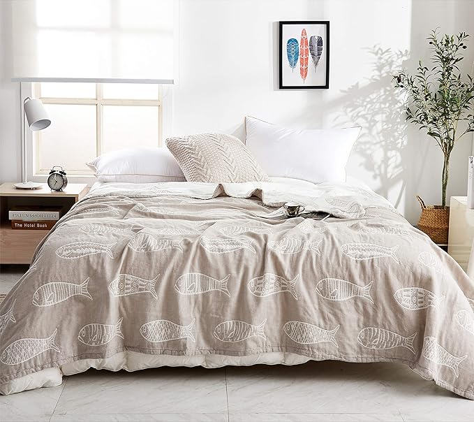 MEJU Fish Gray Morden Muslin Lightweight Summer Blanket for Bed Sofa Couch 100% Combed Cotton 3 Layer Soft Warm Bedspread Throw Blanket Bed Coverlet Sheet Twin 60 in X 80 in