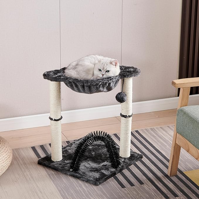 POLIPETS 19” Tall Cat Tower with Hammock,Sisal Scratching Posts and Pets Self Groomer Massager, Soft Hanging Basket Perch Hammock,Indoors Cat Furniture 16x15”, Gray