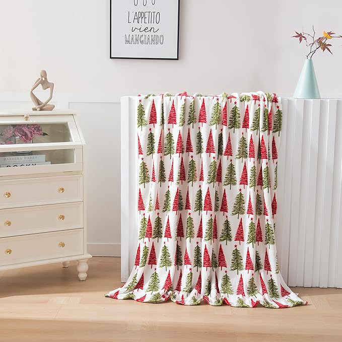 Elegant Comfort Luxury Velvet Super Soft Christmas Prints Fleece Blanket-Holiday Theme Home Décor Fuzzy Warm and Cozy Throws for Winter Bedding, Couch and Gift, 50 x 60 inch, Ivory Christmas Tree
