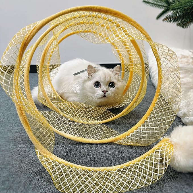 Folded Cat Tunnel, Cat Tunnel for Indoor Cats, Collapsible Cat Tunnel with Feather and Bell, Folded Cat Tubes, Cat Spring Toys for Rabbits and Cats, Portable Pet Toy (Yellow)