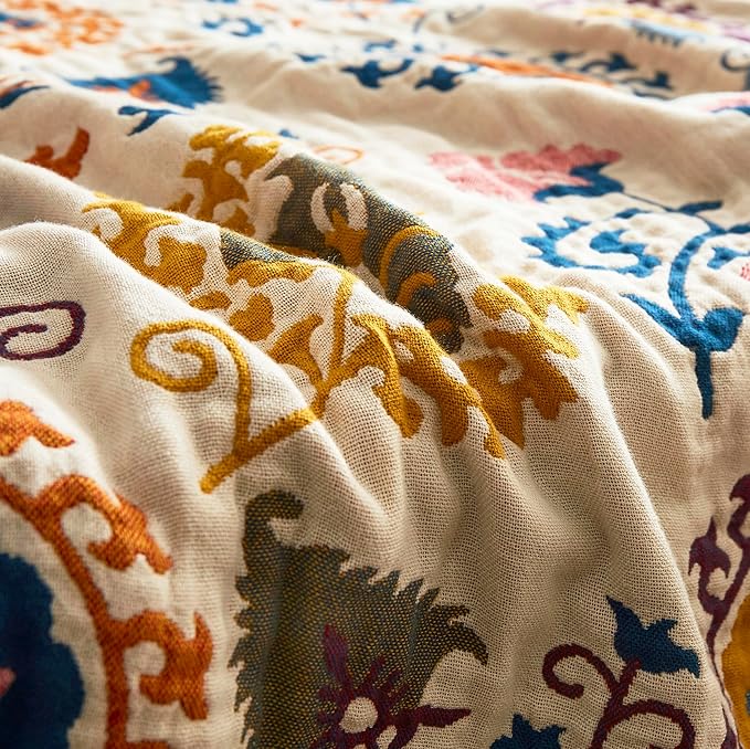 MEJU Muslin Bohemia Mandala Boho Paisley Flower Blanket Throw for Bed Sofa Couch, 100% Combed Cotton 4 Layer Soft Warm Southwest Reversible Throw Blanket Bed Coverlet Sheet Twin 60 in x 80 in