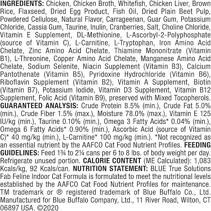 Blue Buffalo True Solutions Fab Feline Natural Wet Food for Adult Indoor Cats, Chicken, 3-oz Cans (24 Count)