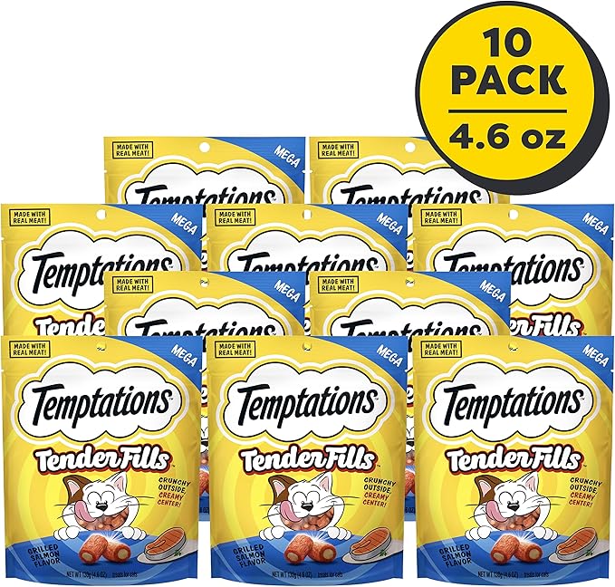 Temptations Tender Fills Grilled Salmon Flavor Crunchy and Soft Adult Cat Treats, 4.6 oz. Pouch (Pack of 10)