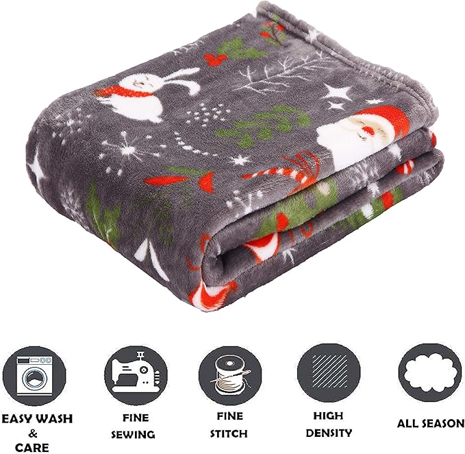 Elegant Comfort Luxury Velvet Super Soft Christmas Prints Fleece Blanket-Holiday Theme Home Décor Fuzzy Warm and Cozy Throws for Winter Bedding, Couch and Gift, 50 x 60 inch, Santa Snowman Gray