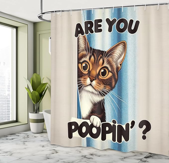 Ambesonne Cat Shower Curtain, Vintage Curious Brown Kitten with are You Poopin' Writing Joke Humor Themed, Cloth Fabric Bathroom Decor Set with Hooks, 69" W x 75" L, Blue Coconut Chocolate