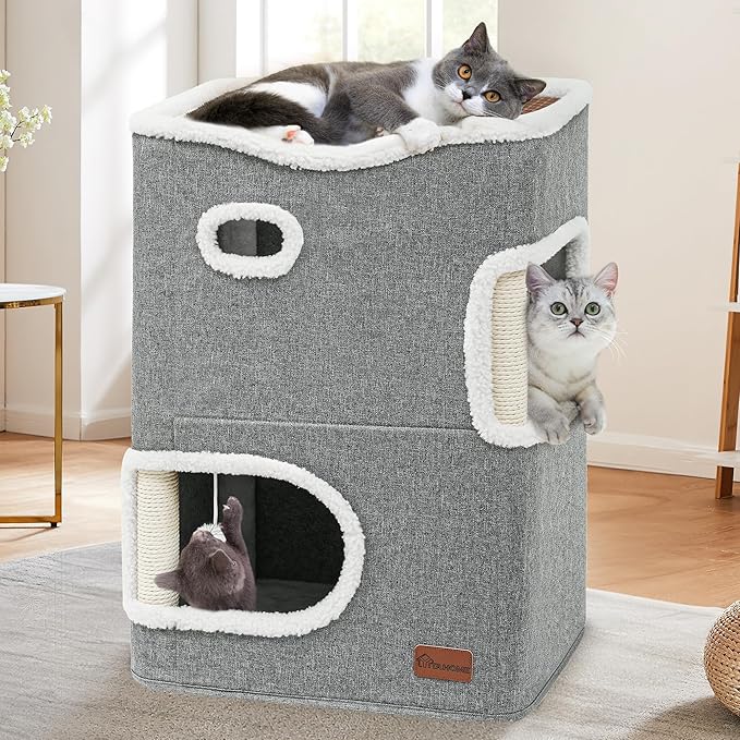 YITAHOME 2-Tier Cat House, Indoor Cat Cave Bed Playhouse, Flannel & Cool Mat, Covered Cat Beds with Scratch Pad and Hideaway Cave, Cute Modern Cat Condo Furniture for Multi Small Cats, Grey