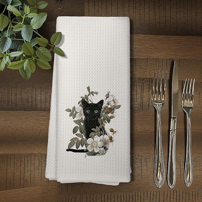 Black Cat Kitchen Towels, Floral Cat Hand Towels for Bathroom, Cat Dish Towels for Kitchen, Cat Towels for Cat Lovers, Black Cat Gifts, Cat Mom Gifts, Black Cat Decor, 16x24 Inch